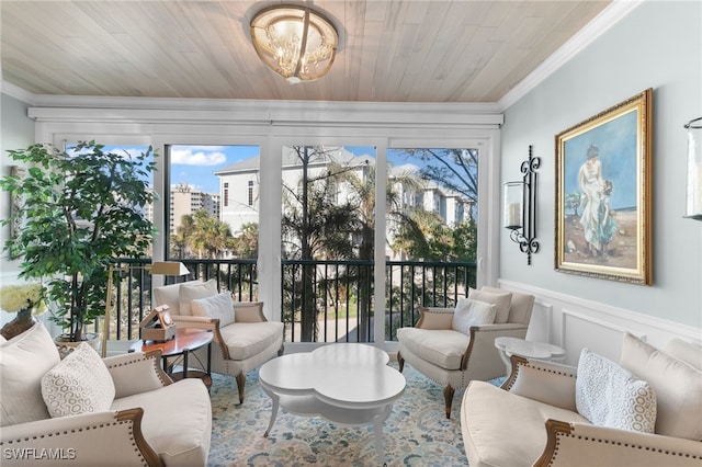 sunroom / solarium featuring wood ceiling and an inviting chandelier