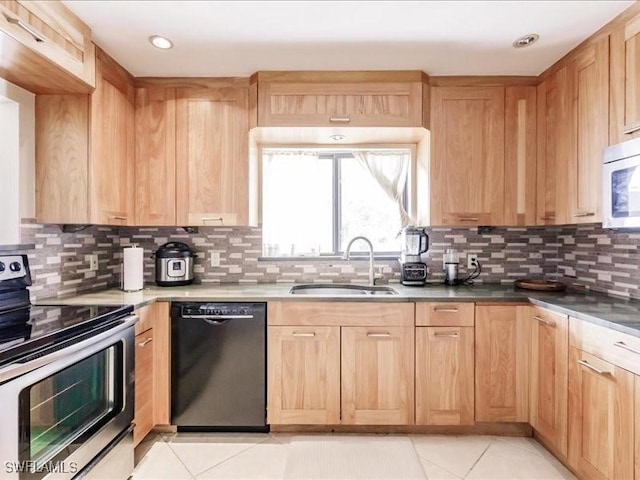 kitchen with sink, electric range oven, black dishwasher, decorative backsplash, and light tile patterned floors