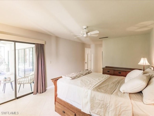 tiled bedroom featuring access to exterior and ceiling fan