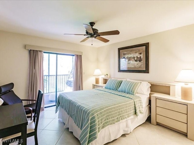 tiled bedroom with ceiling fan and access to exterior