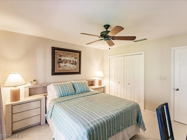 bedroom with ceiling fan and a closet