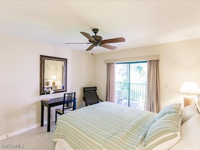 tiled bedroom with access to exterior and ceiling fan