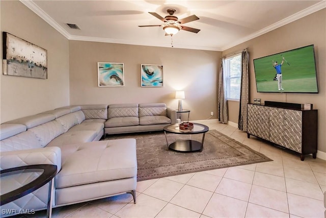 living room with ceiling fan, light tile patterned flooring, and crown molding