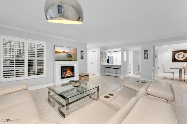 living room with crown molding