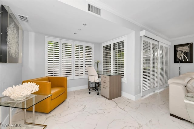 home office featuring crown molding