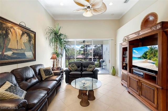 tiled living room with ornamental molding