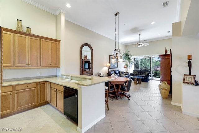 kitchen with dishwasher, ceiling fan, ornamental molding, light tile patterned floors, and kitchen peninsula