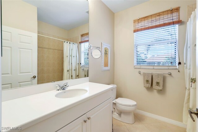 bathroom with tile patterned floors, walk in shower, vanity, and toilet