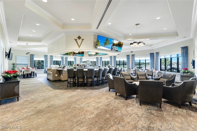 interior space featuring a raised ceiling and crown molding