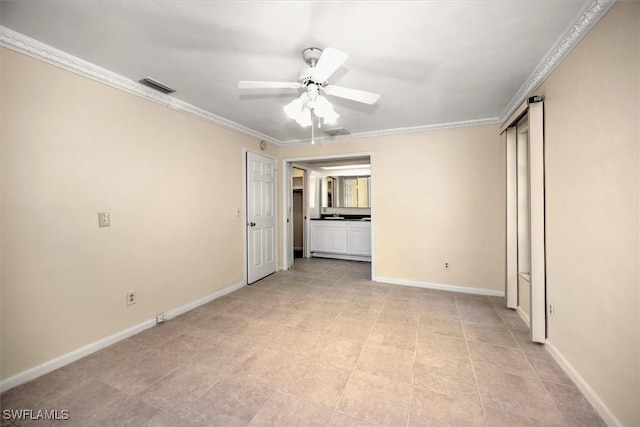 unfurnished bedroom featuring ceiling fan and ornamental molding