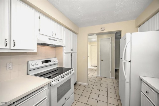 kitchen with white cabinets, a textured ceiling, white appliances, and backsplash