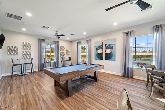 playroom featuring ceiling fan, light hardwood / wood-style floors, and pool table