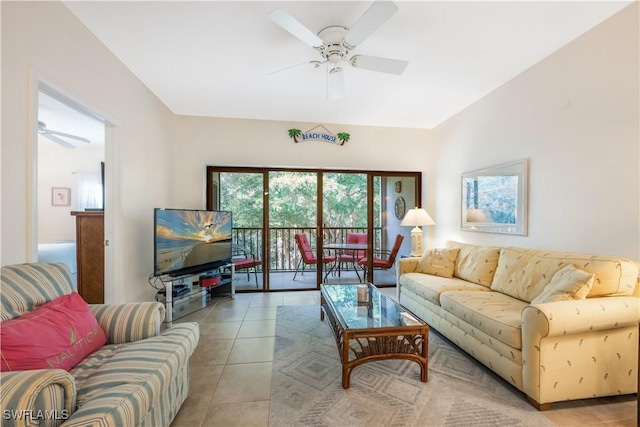 tiled living room with ceiling fan