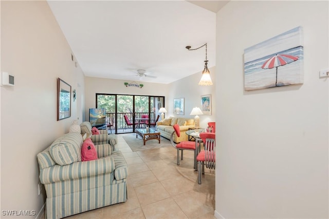 living room with light tile patterned floors and ceiling fan