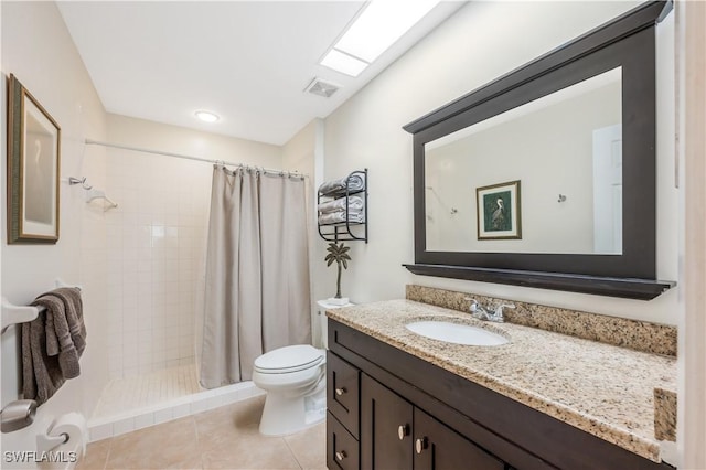 bathroom featuring tile patterned flooring, vanity, toilet, and walk in shower