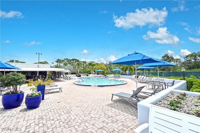 view of pool featuring a patio area