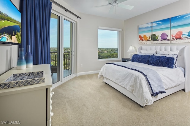 carpeted bedroom with access to exterior and ceiling fan