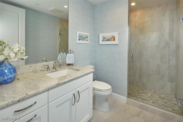 4800 Pelican Colony Blvd Unit 703, Bonita Springs, FL 34134 - bathroom featuring a stall shower, tile patterned flooring, vanity, and recessed lighting