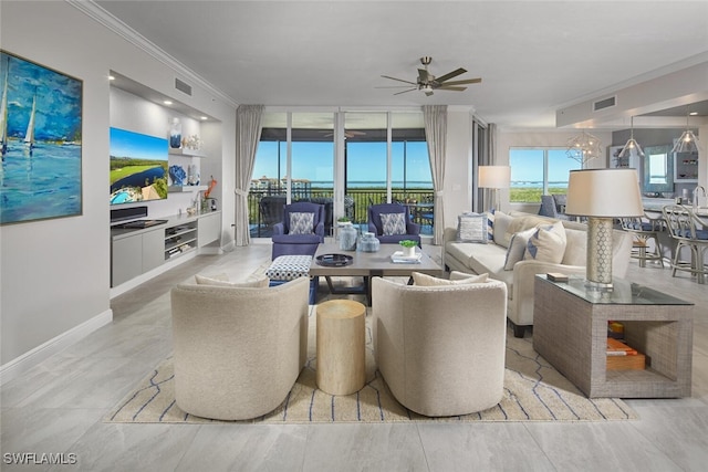 4800 Pelican Colony Blvd Unit 703, Bonita Springs, FL 34134 - living room featuring crown molding, ceiling fan, and built in features