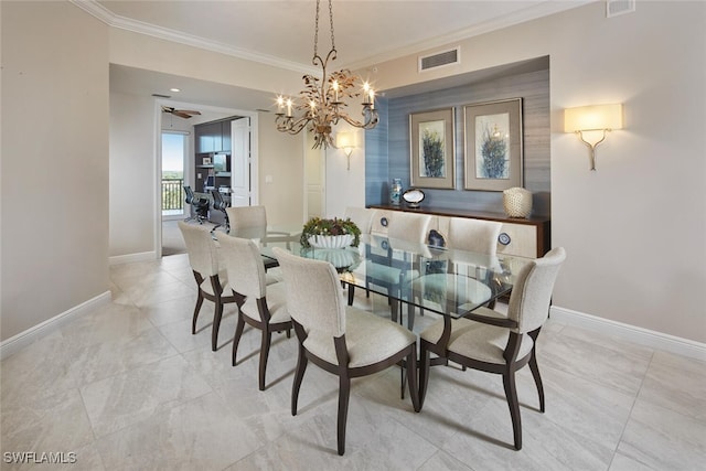 dining area with ceiling fan with notable chandelier and crown molding