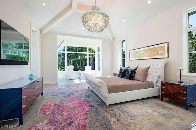 bedroom featuring vaulted ceiling with beams, multiple windows, and a notable chandelier