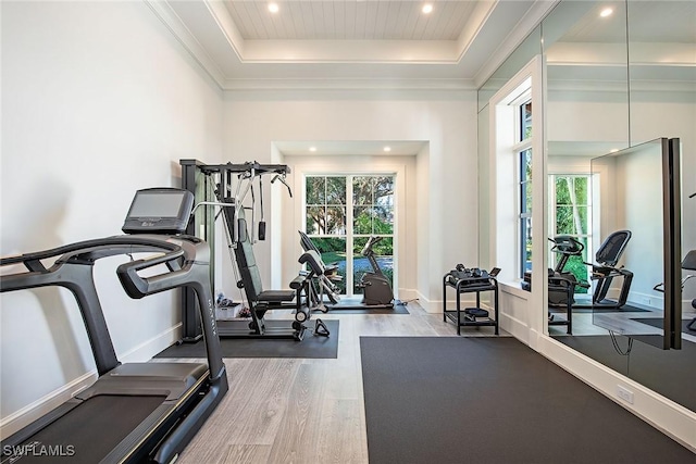 exercise room featuring wood-type flooring, a raised ceiling, a wealth of natural light, and ornamental molding