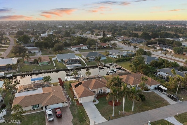 view of aerial view at dusk