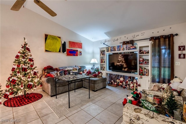 tiled living room featuring vaulted ceiling and ceiling fan