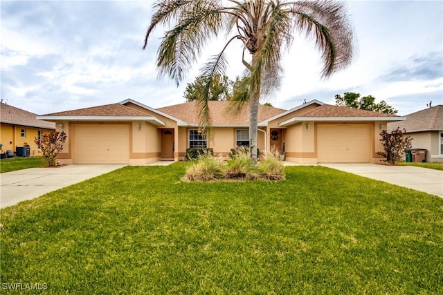 ranch-style home with a front yard, a garage, and central air condition unit