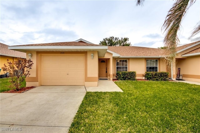 ranch-style house with a front lawn and a garage