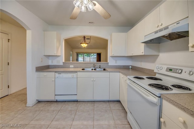 kitchen with ceiling fan, white cabinetry, white appliances, and sink