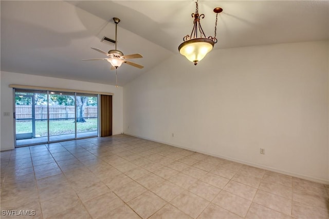 unfurnished room with ceiling fan, light tile patterned flooring, and lofted ceiling