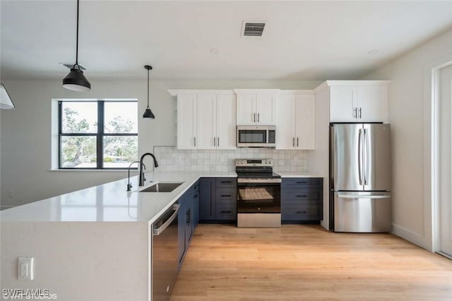 kitchen with white cabinetry, appliances with stainless steel finishes, backsplash, hanging light fixtures, and sink