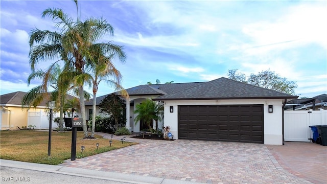 ranch-style house featuring a garage and a front lawn