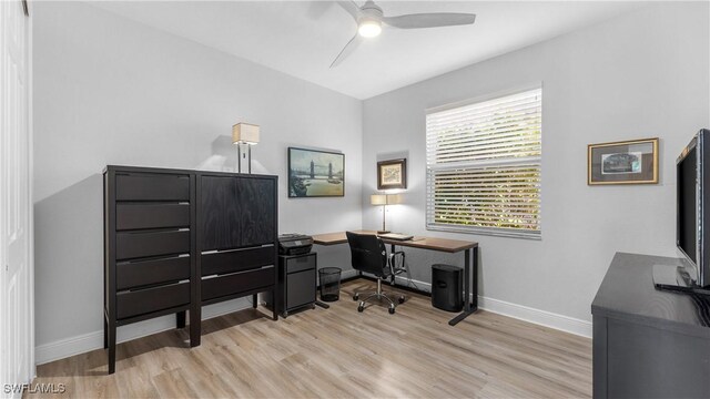 home office featuring ceiling fan and light hardwood / wood-style flooring