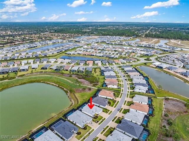 aerial view featuring a water view