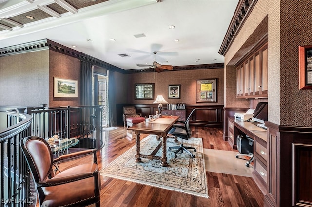 office with hardwood / wood-style flooring, ornamental molding, and coffered ceiling