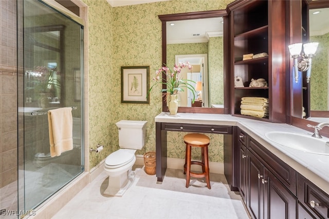 bathroom with tile patterned floors, toilet, ornamental molding, and walk in shower