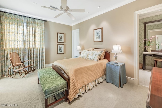 bedroom featuring ceiling fan, light colored carpet, and ornamental molding