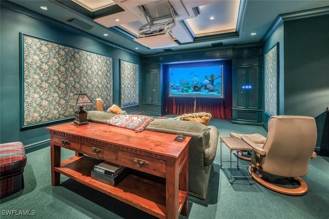 carpeted cinema featuring beam ceiling, crown molding, and coffered ceiling