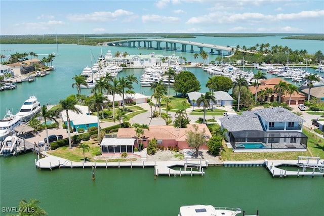 aerial view featuring a water view