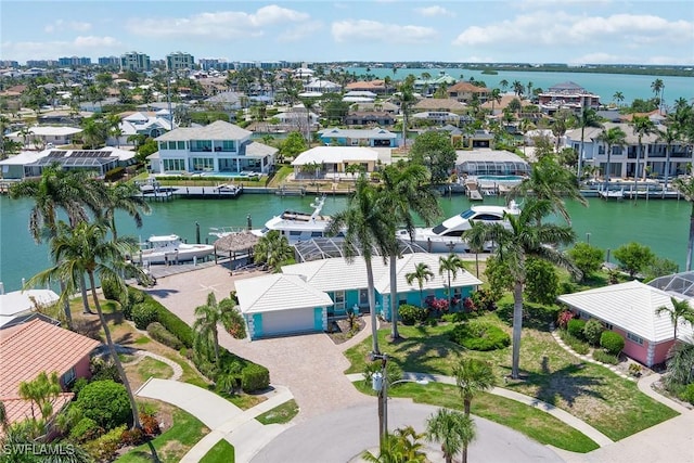 aerial view featuring a water view