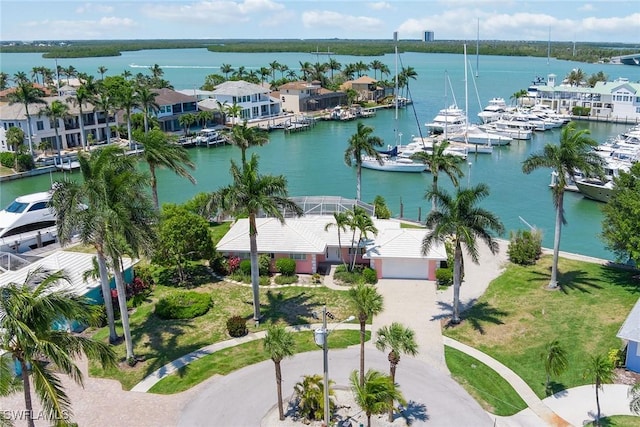 aerial view featuring a water view