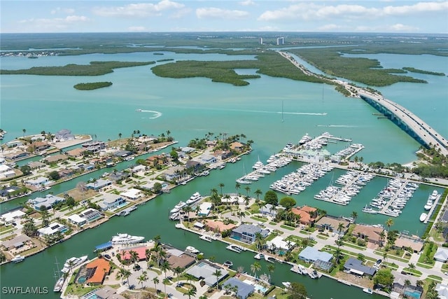 bird's eye view with a water view