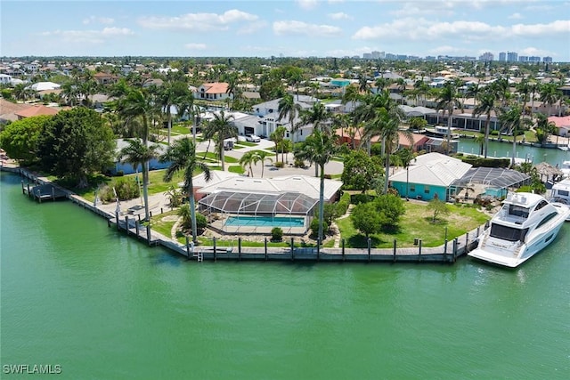 aerial view featuring a water view