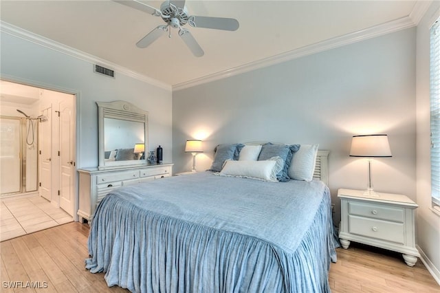 bedroom featuring light wood-type flooring, ceiling fan, and ornamental molding