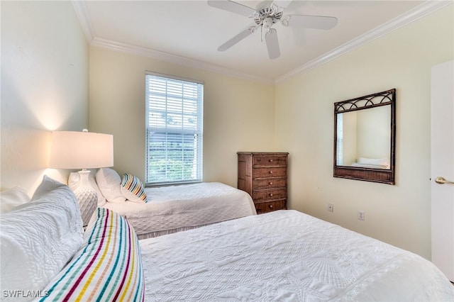 bedroom with ceiling fan and ornamental molding