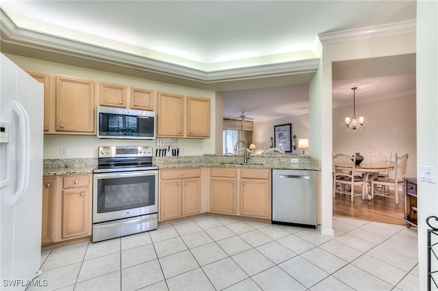 kitchen with sink, a notable chandelier, appliances with stainless steel finishes, light tile patterned floors, and ornamental molding