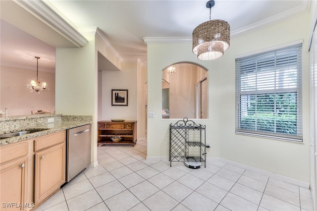 kitchen featuring dishwasher, light tile patterned floors, decorative light fixtures, and an inviting chandelier