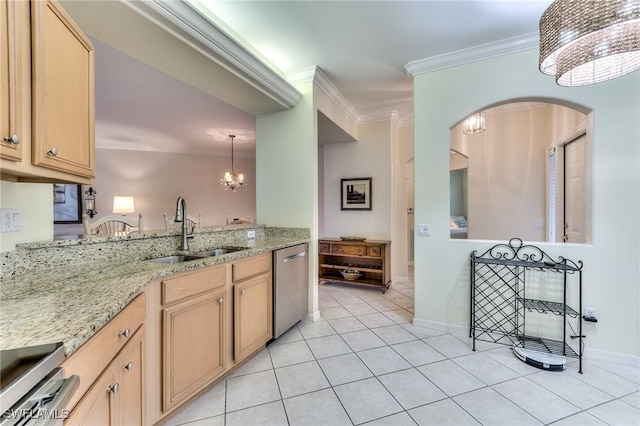 kitchen with dishwasher, sink, ornamental molding, light tile patterned floors, and a chandelier